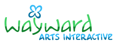 Logo reading Wayward Arts Interactive with a four-leaf flower on top of it